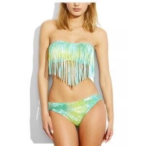 Lucky Brand M Summer Time Tie Dye Fringe Bandeau Bikini Top Swimsuit Green Boho